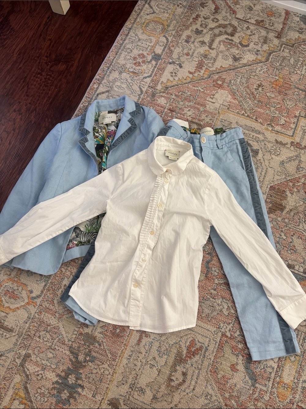 Gucci Kids White Button-Front Shirt with Light Blue Jacket & Pants Set